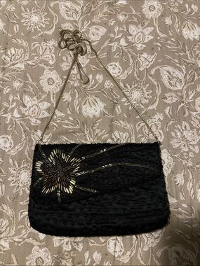 Black Beaded Evening Clutch with Gold Accents